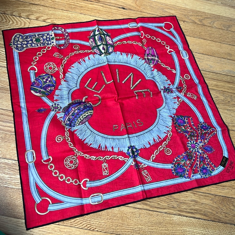 Celine Scarf/Bandana 20”x 20” Red With Jeweled Eggs NWOT